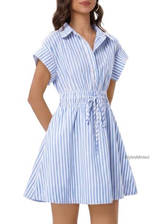 Dresses & Skirts - Striped Cotton Mini Shirt Dress Short Sleeve A-line Drawstring Waist